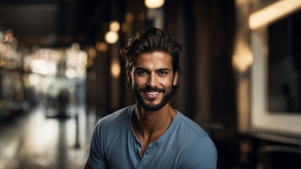 Fototapeta premium Radiant young Mexican man with flawless skin and natural beauty. Brunette with neat hair and a warm smile, gazing confidently at camera. Studio shot, perfect for beauty and cosmetic campaigns