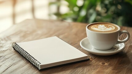 A white coffee cup with a brown foam design sits on a wooden table next to a spiral notebook