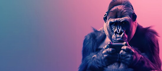 Gorilla and game pad on neon style gradient background
