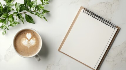 A white coffee cup with a heart on it sits on a table next to a blank notebook. The scene suggests a moment of relaxation and contemplation