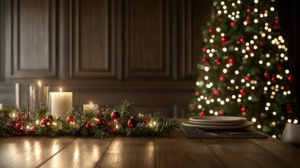A Christmas tree with red and green decorations sits in front of a wooden table with candles and a plate of food. Scene is warm and festive, with the candles and tree creating a cozy atmosphere