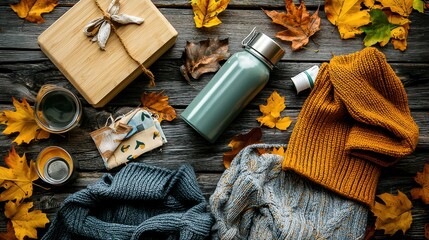 A flat lay of eco-friendly fall essentials, featuring a reusable water bottle, bamboo lunch box, and organic cotton clothing. The items are arranged on a wooden table with scattered autumn leaves.