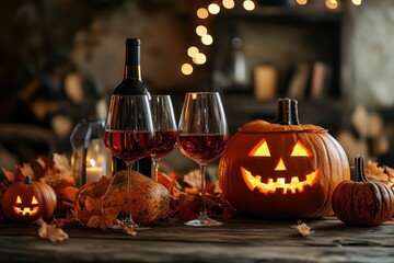 A cozy setup for Halloween with carved pumpkins glowing, wine glasses filled with red liquid, and autumn leaves scattered around.