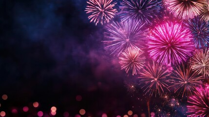 Fototapeta premium A fireworks display with a dark background. The fireworks are in various colors and are lit up. Scene is celebratory and festive