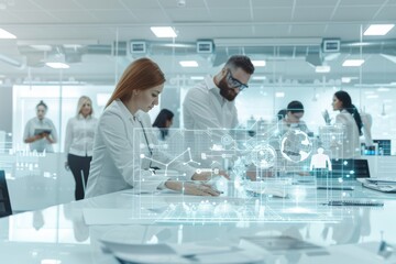A team of technologists, dressed in white, collaborate on a futuristic project, illuminated by a holographic interface in a modern office setting.