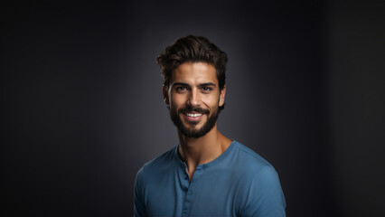 Obraz premium Radiant young Mexican man with flawless skin and natural beauty. Brunette with neat hair and a warm smile, gazing confidently at camera. Studio shot, perfect for beauty and cosmetic campaigns