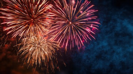 A fireworks display with two large fireworks in the middle and smaller fireworks in the background. The fireworks are bright and colorful, creating a festive and celebratory mood