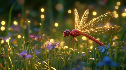 a dragonfly is flying through the grass with lights