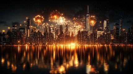 Obraz premium A city skyline with fireworks in the background. The fireworks are lit up and the city is lit up as well. Scene is celebratory and festive