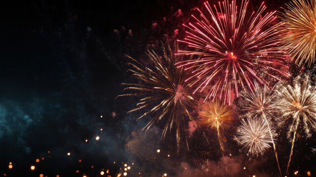 A fireworks display in the night sky with a dark background. The fireworks are bright and colorful, creating a festive and celebratory mood