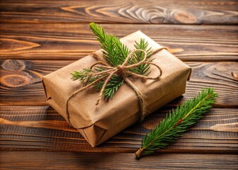 Natural kraft paper wrapping and handmade wooden box beautifully presents an eco-friendly Christmas gift on a rustic wooden table, epitomizing sustainable holiday celebrations.