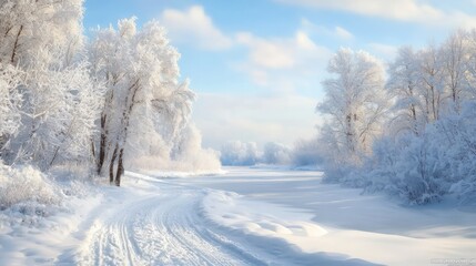 Obraz premium A snowy landscape with a road and trees. The road is covered in snow and the trees are bare. The sky is clear and the sun is shining