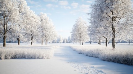 Obraz premium A snowy landscape with a path through a field of snow. The trees are bare and covered in snow, giving the scene a peaceful and serene atmosphere