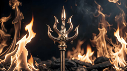 Glowing Abstract Trident and Flame concept as A powerful glowing abstract digital art featuring a trident surrounded by flames symbolizing divine power in the Dussehra story. Ideal for spiritual and c