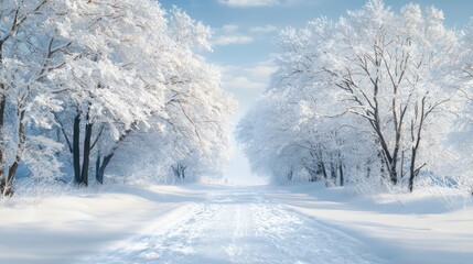 Obraz premium A snowy road with trees in the background. The trees are bare and covered in snow. The road is empty and quiet, with no cars or people in sight. The scene is peaceful and serene