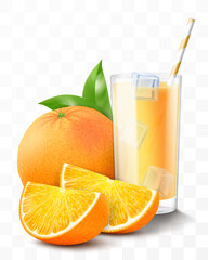 A glass of fresh orange juice or smoothie with ice cubes falling into the glass. Cup of cocktail or yogurt with orange fruits, isolated on transparent background. Realistic 3d vector