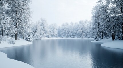 A snowy landscape with a lake in the foreground. The water is calm and the trees are bare. The scene is peaceful and serene, with the snow covering the ground