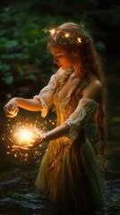 a woman in a dress holding a sparkler in the water