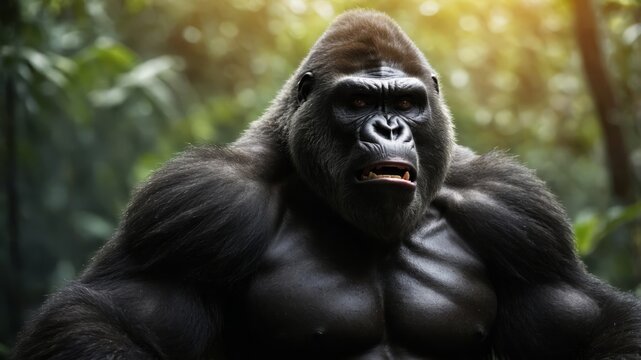 Big angry gorilla animal monster fighter in wildlife jungle or forest, dangerous mad and aggressive king kong, muscular powerful monkey beast.