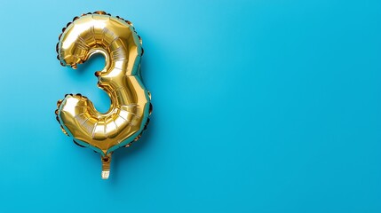 Gold balloon number 3 with copy space, third years anniversary on blue background. Party, birthday, celebration and wedding banner
