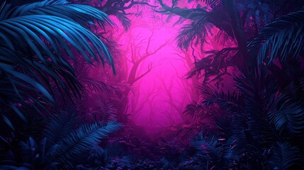 Alien jungle, twisted trees and glowing flora, 3D illustration