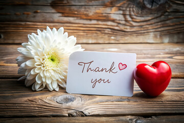 Thank You Card With Flower And Heart On Rustic Wood