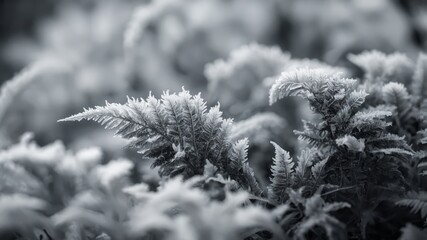An array of frost structures like frozen ferns grow and spread on the glass Black and white art.