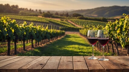 Empty wooden table with blurred vineyard background.