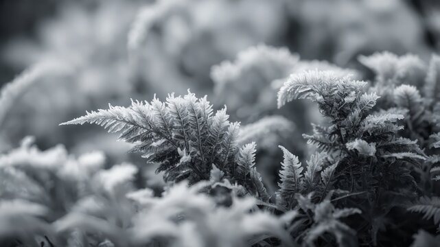 An array of frost structures like frozen ferns grow and spread on the glass Black and white art.