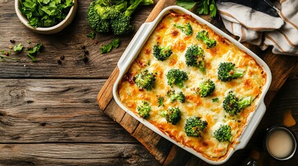 Delicious Broccoli Casserole in Baking Dish on Wooden Table