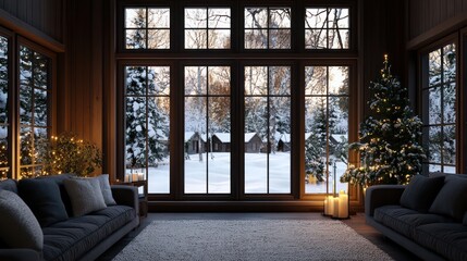 A cozy living room with a large window overlooking a snowy landscape. The room is decorated with a Christmas tree and candles, creating a warm and inviting atmosphere