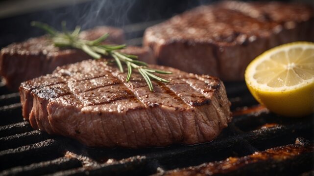 beef steak meat on barbecue barbeque grill with lemon and rosemary, background banner with copy space.