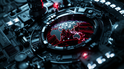 Futuristic cyber network visualizing global connections with intricate red lines and digital circuits