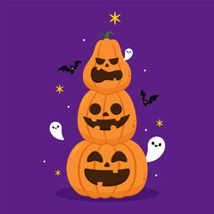 Pumpkin head set. Cute and scary Halloween pumpkin monster set. Holidays cartoon character in flat style collection.