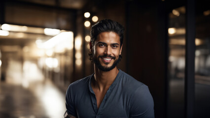 Fototapeta premium Confident and charismatic Mexican man with a warm smile and natural beauty. Brunette hair and flawless skin complement his captivating gaze