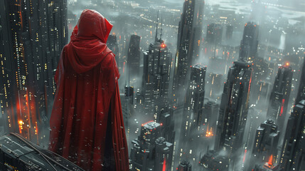 A mysterious figure in a red cloak overlooks a futuristic, dystopian cityscape shrouded in fog and neon lights