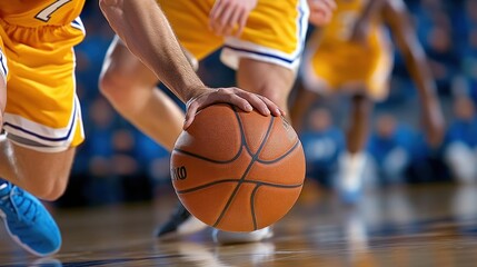 A player dribbling the basketball down the court during a fast break, captured in motion blur with teammates and opponents chasing behind