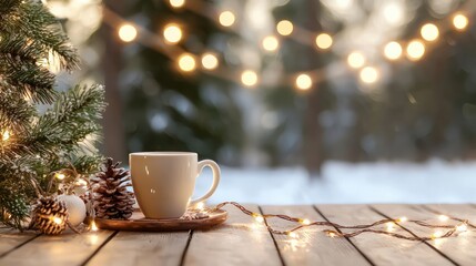 A white coffee cup sits on a wooden table next to a Christmas tree. The scene is cozy and festive, with the tree and lights creating a warm and inviting atmosphere