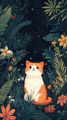 an orange and white cat in the middle of a jungle