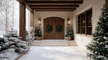 A house with a porch and a wreath on the door. The wreath is green and white