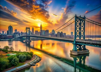 Fototapeta premium Picturesque sunset view of suspension bridge spanning Delaware River, connecting Philadelphia to New Jersey, with vibrant cityscape and misty horizon in the background.