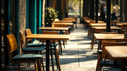 Fototapeta premium Empty wooden tables and chairs with blue cushions lined up outside a cafe on a sunny day.