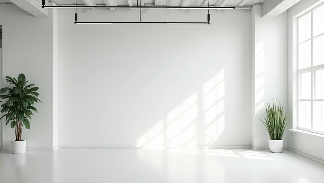  White open space office interior, mock up wall modern business empty blank banner for workplace corporate with light, comfortable desk chair and computers inside, decorated floor bright table
