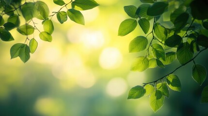 Obraz premium Soft green blurred background with warm sunlight filtering through leaves, creating a peaceful, nature-inspired scene.