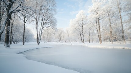 Obraz premium A snowy landscape with a frozen river and trees. The scene is peaceful and serene, with the snow covering the ground and the trees standing tall. The frozen river adds a sense of stillness
