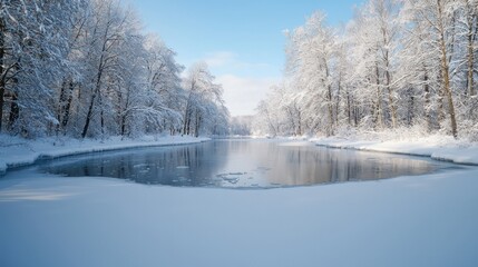 A snow covered lake with trees in the background. The lake is frozen and the snow is covering the ground. The sky is clear and the sun is shining. The scene is peaceful and serene