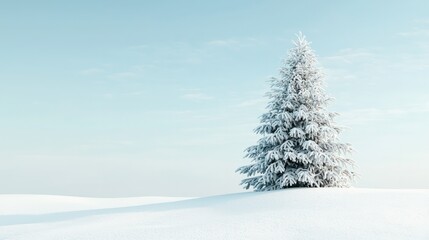 Fototapeta premium A white pine tree stands alone in a snow-covered field. Concept of solitude and tranquility, as the tree stands tall and proud in the midst of the winter landscape