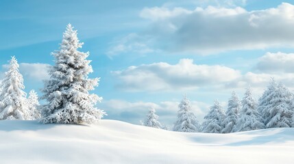 A snowy landscape with a lone white pine tree in the foreground. The sky is clear and blue, with a few clouds scattered throughout. Concept of calm and serenity, as the snow-covered ground