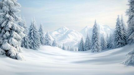 Obraz premium A snowy landscape with a mountain in the background. The trees are bare and covered in snow. The scene is peaceful and serene, with the snow-covered ground and the mountains in the distance
