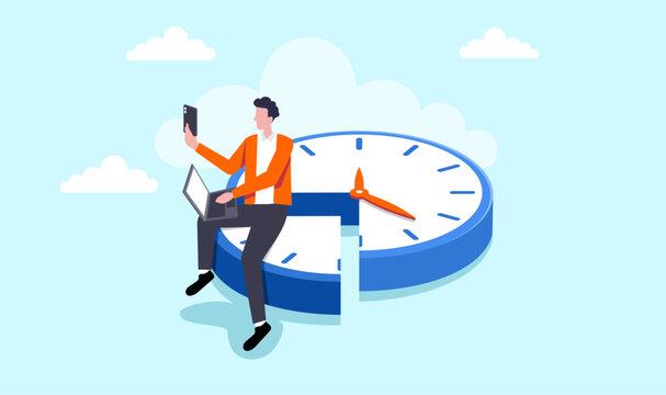 Freelance, part-time job, work tracking system, time management, side hustle or office work deadline, start and end time schedule concept, businesswoman working with laptop on split time clock.pdf